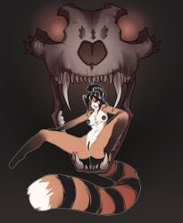 ailurid anthro anus bedroom_eyes bite biting_lip bone breasts chest_tuft clitoris clitoris_piercing dipstick_tail ear_piercing ear_ring female genital_piercing genitals hair hi_res kiririn-chan mammal markings narrowed_eyes nipple_chain nipple_piercing nipples nude piercing ponytail pussy red_panda ring_piercing seductive skull solo spread_legs spreading tail tail_markings tongue tongue_out tuft zettra_thorn