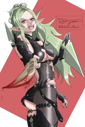 1girls alternate_costume angry artist_kiwi ass bare_midriff bare_shoulders bare_thighs big_ass black_panties blood boots breasts cosplay elbow_gloves fangs female female_only fingerless_gloves fire_emblem fire_emblem:_three_houses fire_emblem_awakening gloves green_hair inner_sideboob knife kronya_(fire_emblem)_(cosplay) long_hair looking_at_viewer midriff nintendo nowi_(fire_emblem) open_mouth panties pantyhose pink_eyes pointing pointy_ears ponytail red_background shoulders sideboob simple_background slit_pupils small_breasts solo tail thigh_boots thighs underwear very_long_hair weapon