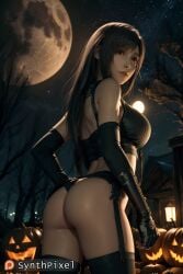 1girls ai_generated ass big_breasts black_hair breasts brown_eyes cute detailed facing_away female female_only final_fantasy final_fantasy_vii final_fantasy_vii_remake gloves halloween halloween_2023 high_quality highres jack-o'-lantern leather_clothing light-skinned_female long_hair looking_back moon moonlight night outdoors posing pumpkin realistic shadow showing_ass sleeves solo solo_female stable_diffusion standing stars stockings straps synthpixel tifa_lockhart