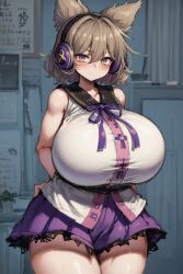 1girls ai_generated bare_shoulders blush blushing_at_viewer breasts collarbone curvaceous curvy curvy_female curvy_figure female flustered hair_between_eyes headgear huge_breasts large_breasts light_brown_hair looking_at_viewer neck_ribbon purple_ribbon purple_skirt ribbon sailor_collar shirt short_hair skirt sleeveless solo standing thighs touhou toyosatomimi_no_miko white_shirt wide_hips yellow_eyes