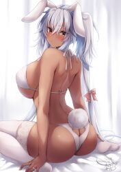 1girls absurdres animal_ears ass ass_cutout bikini bow breasts brown_eyes butt_crack closed_mouth clothing_cutout crossed_bangs curtains dark-skinned_female dark_skin dated fake_animal_ears fake_tail female female_only grey_hair hair_between_eyes hairbow highres huge_breasts indoors jewelry kantai_collection lace lace-trimmed_legwear lace_trim long_hair looking_at_viewer looking_back low_twintails mashiro_yukiya musashi_(kantai_collection) no_eyewear on_bed rabbit_ears rabbit_tail ring sideboob signature sitting solo solo_female swimsuit tail thighhighs twintails two_side_up very_long_hair wariza wedding_ring white_bikini white_thighhighs