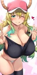 black_shirt black_thighhighs cap dragon_girl goddess green_eyes horns kobayashi-san_chi_no_maidragon large_breasts long_hair lucoa lucoa_(maidragon) osa panties quetzalcoatl_(dragon_maid) thighhighs two_tone_hair white_panties wink