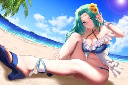 1girls adjusting_hair alternate_costume aqua_hair bare_arms bare_legs bare_midriff bare_shoulders barefoot beach bikini blue_bikini blue_eyes blue_nails blue_swimsuit breasts cleavage collarbone female female_only fiora_(fire_emblem) fiora_(summer)_(fire_emblem) fire_emblem fire_emblem:_the_blazing_blade fire_emblem_heroes flower frills green_hair hair_flower headband high_heel_sandals high_heels large_breasts legs long_hair looking_at_viewer midriff nail_polish nintendo ocean official_alternate_costume outdoors palm_tree sandals shoulders smile sun sweat swimsuit tks_(tksmk3) tree wet