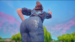 1girls ass brown_hair clothed clothing cum cum_on_ass cum_on_clothes cum_on_clothing edit edited edited_screencap eleven_(stranger_things) fortnite fully_clothed gameplay_screenshot hand_on_hip in-game jeans light_skin outside overalls screenshot screenshot_edit stranger_things tied_hair wonder_fortnite