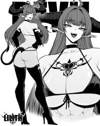 1girls 2023 :d abs absurd_res ahoge ass back bare_shoulders big_ass big_horns bikini boots breasts bridal_gauntlets character_name chest_tattoo choker cleavage demon_girl demon_horns demon_tail ear_piercing elbow_gloves eyebrows_visible_through_hair fangs female female_only front-tie_bikini full_body gloves greyscale hands_on_hips heart heart_tattoo high_heel_boots high_heels highres horns jewelry large_breasts lilith_(yones81239278) long_ears long_hair looking_at_viewer looking_back mole mole_under_eye monochrome multiple_views muscles one_eye_closed open_mouth original piercing pointy_ears raised_tail seductive solo standing swimsuit tail tattoo teeth text thigh_boots thighhighs thighs toned toned_female tongue very_long_hair wink yones81239278