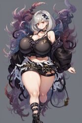 1girls ai_generated alter_ego_malevolent_(granblue_fantasy) alternate_costume bare_shoulders belly_button black_boots black_choker black_crop_top black_shorts boots choker cleavage crop_top curvaceous curvy curvy_figure djeeta_(granblue_fantasy) feathers female granblue_fantasy grey_hair grin grinning grinning_at_viewer huge_breasts jacket jacket_partially_removed looking_at_viewer midriff navel open_mouth red_eyes shorts smug solo thick_thighs thighs wide_hips