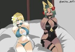 2girls alternate_costume ball_gag bangs bare_thighs bed bikini black_one-piece_swimsuit black_swimsuit blonde_hair blue_bikini blue_eyes blue_swimsuit bondage breasts cleavage dark-skinned_female dark_skin female female_only femsub fire_emblem fire_emblem_heroes fjorm_(fire_emblem) fjorm_(summer)_(fire_emblem) flower gag green_hair hair_flower horns indoors laegjarn_(fire_emblem) laegjarn_(summer)_(fire_emblem) large_breasts looking_at_another milla_arts multicolored_hair multiple_girls multiple_subs nintendo official_alternate_costume on_bed one-piece_swimsuit red_eyes short_hair sitting swimsuit thighs