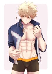 1boy abs bakugou_katsuki blonde_hair boku_no_hero_academia brown_male_underwear bulge closed_mouth highres katsuki_bakugou male_focus male_underwear muscular muscular_male my_hero_academia navel nipples open_clothes open_shirt red_eyes satoko_(sat_ok_o) short_hair solo spiked_hair stomach u.a._gym_uniform underwear