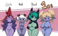 4girls big_breasts black_eyes blonde_hair blue_body blue_skin blush blush_stickers breast_size_difference breasts eyebrows eyebrows_visible_through_hair female female_only front_view genitals goggles goggles_on_head green_body green_hair green_skin group hair half-closed_eyes hat hi_res hood huge_breasts large_breasts league_of_legends looking_at_viewer lulu_the_fae_sorceress mob_face multiple_girls navel nipples not_furry nude nude_female pink_eyes poppy purple_body purple_eyes purple_hair purple_skin pussy riot_games shortstack slightly_chubby small_breasts smile standing take_your_pick thick_thighs tristana twintails vex_(league_of_legends) vono white_hair wide_hips yellow_eyes yordle