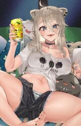 belly belly_button black_shorts blue_eyes blush breasts cat_ears cat_tail fan_mascot_(vtuber) feet hololive hololive_gen_5 hololive_japan laying_on_bed shishiro_botan spread_legs ssrb thick_thighs thighs toenail_polish toes tummy underwear virtual_youtuber vtuber watching white_hair white_shirt