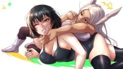 2girls angry artist_name big_breasts black_hair breasts cleavage clothing commission company_connection crossover dark-skinned_female female female_only fight fubuki_(one-punch_man) green_eyes light-skinned_female long_hair miruko multiple_girls my_hero_academia one-punch_man rabbit red_eyes rumi_usagiyama short_hair shounen_jump shueisha skindentation sora_raion superheroine thighhighs white_hair wrestling