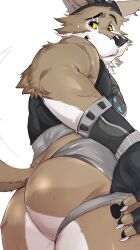 1boy 2023 absurd_res anthro ass big_ass big_butt black_eyes black_nose black_pawpads black_paws blush bottomwear brown_body brown_ears brown_fur bubble_butt butt_pose canid canine canis claws close-up clothed clothing detailed epic_games fingerless_gloves fluffy fluffy_tail fortnite fur gloves handwear happy hat headgear headwear hi_res long_tail looking_at_viewer looking_back looking_back_at_viewer looking_down looking_down_at_viewer low-angle_view male male_only mammal mostly_nude mostly_nude_anthro mostly_nude_male multicolored_body multicolored_ears multicolored_fur overbite overbite_fang pawpads pink_tongue portrait pose presenting presenting_hindquarters shadow sharp_claws sharp_teeth shirt shorts simple_background sleeveless_shirt smile smiling_at_viewer solo standing tail teeth thick_thighs tight_clothing tongue tongue_out topwear uniform ursso_(artist) wendell_(fortnite) white_background white_body white_ears white_fur wolf worm's-eye_view yellow_sclera