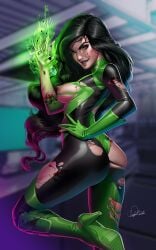 black_hair breasts douglas_bicalho green_eyes high_heels kim_possible nipples shego torn_clothes torn_clothing