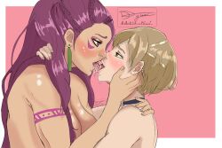 2girls artist_kiwi blush braid brown_eyes brown_hair choker completely_nude drooling earrings female female_only fire_emblem fire_emblem:_three_houses french_kiss heart-shaped_pupils kiran_(fire_emblem) kiran_(fire_emblem)_(female) kissing long_hair looking_at_another multiple_girls naked_choker nintendo nude nude_female open_mouth petra_macneary pink_background ponytail post-timeskip purple_hair saliva saliva_trail short_hair sloppy_kiss tongue tongue_out yellow_eyes yuri