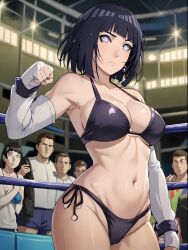 ai_generated beach big_breasts bikini blue_eyes blue_hair boruto:_naruto_next_generations breasts crowd crowd_watching female female_focus fighting_ring hyuuga_hinata light-skinned_female light_skin looking_at_viewer midriff milf missessai naruto naruto_(series) navel purple_bikini