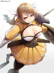 1girls breasts brown_hair cleavage cleavage_cutout closed_mouth clothing_cutout commentary_request corset female female female_only fire_emblem fire_emblem_engage goldmary_(fire_emblem) holding holding_polearm holding_shield holding_weapon large_breasts mole nintendo polearm shield skirt solo weapon yellow_skirt yotastar