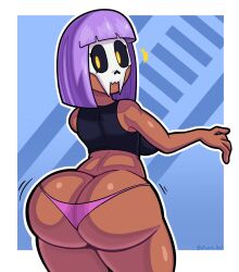 1girls ass black_topwear breasts chonzo dark-skinned_male dark_skin female female_only grimm_(zonoch_dood) looking_at_viewer looking_back notice_lines original_character panties purple_hair rear_view skull_mask solo solo_female yellow_eyes zguy_101 zonoch_dood