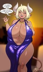 1girls 4_breasts aeolus06 big_breasts blonde_hair cow_ears cow_girl cow_horns cow_tail dark-skinned_female dark_skin dress english_text enormous_breasts female horns huge_breasts margarine_(deumosden) multi_breast no_bra revealing_clothes speech_bubble tail thick_thighs wide_hips