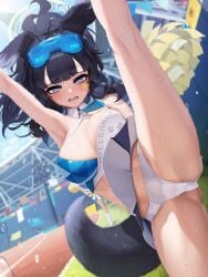 animal_ears armpits bare_shoulders black_hair blue_archive blue_eyes blurry blurry_background blush breasts cheerleader crop_top dog_ears dog_girl dog_tail engineering_department_(blue_archive) eyewear_on_head female goggles goggles_on_head halo hibiki_(blue_archive) hibiki_(cheer_squad)_(blue_archive) hibiki_(cheerleader)_(blue_archive) large_breasts leg_up letdie1414 long_hair looking_at_viewer millennium_cheerleader_outfit_(blue_archive) millennium_science_school_student navel official_alternate_costume paid_reward_available panties pom_pom_(cheerleading) skirt split stadium standing standing_on_one_leg standing_split sweat tail thighs underwear white_panties