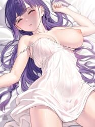 1girls absurdres blunt_bangs blush breasts cut_bangs dress female female_pubic_hair fern_(sousou_no_frieren) highres large_breasts lying nipples on_back one_breast_out parted_lips pubic_hair purple_hair see-through signature sinad_aruatjanapat sleeping solo sousou_no_frieren white_dress