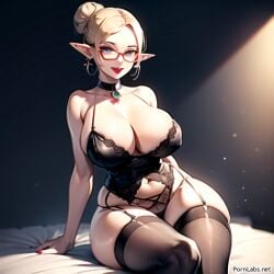 1girls ai_generated alternate_costume bedsheets blonde_hair bun_hair collar elf_ears exposed_midriff female forecast_janna garter_straps glasses janna_windforce large_breasts league_of_legends lingerie lingerie_only milf red_lipstick red_nails sitting sitting_on_bed smiling smiling_at_viewer stockings tied_hair voluptuous wide_hips