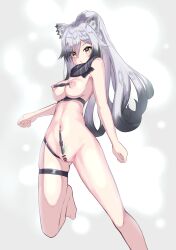 1girls arknights ass_visible_through_thighs bar_censor black_scarf breasts censored clitoris clitoris_piercing dog_girl feet_out_of_frame female female_only grey_hair highres linked_nipples linked_piercings long_hair medium_breasts menmon navel navel_piercing navel_to_clitoris navel_to_pussy nipple_piercing nude piercing ponytail pubic_hair puffy_nipples pussy pussy_piercing scarf schwarz_(arknights) solo standing thigh_strap very_long_hair white_hair yellow_eyes