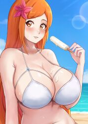 1girls beach bikini bleach breasts female huge_breasts inoue_orihime light-skinned_female light_skin long_hair orange_hair outdoors sleeptopi solo