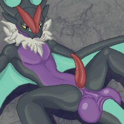 anthro athletic balls balls_on_tail bat big_balls digital_media_(artwork) generation_6_pokemon genitals grey_body half-closed_eyes looking_at_genitalia lying male mammal narrowed_eyes neck_tuft nintendo noivern noodlybat_(artist) on_back penis pixel_(artwork) pokemon pokemon_(species) presenting purple_body saggy_balls simple_background slim small_waist solo spread_legs spreading tapering_penis tuft wings