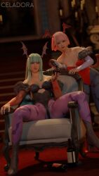 2girls 3d athletic athletic_female bare_shoulders blue_eyes brown_eyes busty celadora clothing cosplay darkstalkers emilie_de_rochefort female female_only green_hair hourglass_figure lilith_aensland_(cosplay) ling_xiaoyu long_hair morrigan_aensland_(cosplay) pantyhose pink_hair short_hair sitting small_breasts succubus succubus_horns tagme tekken wide_hips