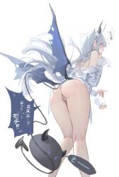 !! !? ass biting_tail cameltoe creature devil_girl devil_horns devil_tail devil_wings dropping_object from_behind hips japanese_text low_wings nekojira off_shoulder petite shocked shocked_expression suprised text text_bubble thighs white_hair white_shirt