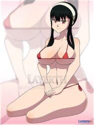 1girls bikini black_hair blush bubble_butt female female_only hairband huge_breasts layerth looking_at_viewer red_eyes solo spy_x_family voluptuous watermark yor_briar