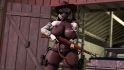 16:9 3d_(artwork) anthro areola barely_visible_genitalia barely_visible_pussy barn belt bovid breasts brown_areola brown_body brown_nipples caprine casual cigarette clothed clothing cowboy_hat dark_skin digital_media_(artwork) female firearm fur genitals gun hat headgear headwear hi_res holding_gun holding_object holding_rifle holding_weapon legwear mammal mostly_nude nipples pussy ranged_weapon rifle sheep smoking smoking_cigarette solo source_filmmaker tactical_gear tactical_nudity topless trigger_discipline vehicle weapon white_body white_fur white_wool widescreen woofersfm wool_(fur)