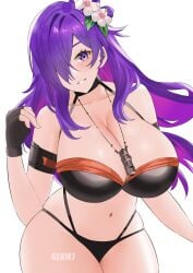 1girls absurdres alternate_breast_size alternate_costume armband artist_name big_breasts bikini black_bikini black_gloves black_swimsuit breasts cleavage collarbone female fingerless_gloves fire_emblem fire_emblem:_three_houses fire_emblem_heroes fire_emblem_warriors:_three_hopes flower genm7 gloves hair_between_eyes hair_flower hair_ornament hair_over_one_eye hibiscus highres huge_breasts jewelry large_breasts light-skinned_female light_skin long_hair looking_at_viewer navel necklace nintendo official_alternate_costume purple_eyes purple_hair shez_(female)_(fire_emblem) shez_(female)_(summer)_(fire_emblem) shez_(fire_emblem) signature simple_background smile solo swimsuit thick_thighs thighs tight_clothes water watermark white_background white_flower wide_hips