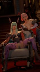 2girls 3d areolae athletic athletic_female bare_shoulders blue_eyes breasts breasts_out brown_eyes busty celadora clothing cosplay crotchless darkstalkers emilie_de_rochefort female female_only green_hair hourglass_figure lilith_aensland_(cosplay) ling_xiaoyu long_hair medium_breasts morrigan_aensland_(cosplay) nipples pantyhose pink_hair pussy short_hair sitting small_breasts succubus succubus_horns tagme tekken torn_clothes vagina wide_hips