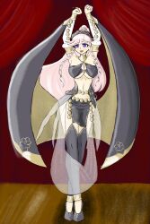 1girls alternate_costume arms_up bare_thighs braid breasts cleavage crossed_legs female female_only fire_emblem fire_emblem_awakening fire_emblem_heroes hen_nerd indoors large_breasts long_hair nintendo official_alternate_costume olivia_(fire_emblem) olivia_(performing_arts)_(fire_emblem) open_mouth pelvic_curtain pink_hair ponytail purple_eyes see-through smile solo thighhighs thighs twin_braids underwear veil very_long_hair