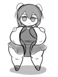 1girls animate_inanimate black_and_white breasts doodle entirebrother expressionless female female_only fumo_plush greyscale hair_ornament hands_on_breasts huge_breasts kasen_ibaraki large_breasts mob_face monochrome plushie plushophilia pout short_hair skirt solo solo_female thick_thighs thighs touhou