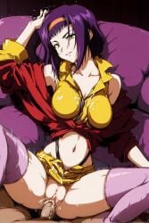 1boy 1girls ai_generated big_breasts cowboy_bebop cum cum_in_pussy cum_inside cum_on_breasts cum_on_pants faye_valentine female human large_breasts male/female metalchromex missionary_position penis pov pussy red_shirt sex smile thighhighs uncensored vaginal_penetration yellow_shirt