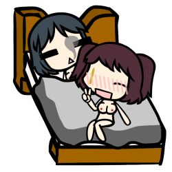 2girls after_sex aftermath bed bed_sheet black_hair blush breasts chibi chibi_style completely_naked_female completely_nude completely_nude_female deily_(psykotmk) female female_only large_breasts mizie_(psykotmk) mob_face multiple_girls naked naked_female nipples nude original peace_sign psykotmk red_hair sitting_on_bed transparent_background twintails v_sign walfas walfas_(software) wink winking winking_at_viewer yuri