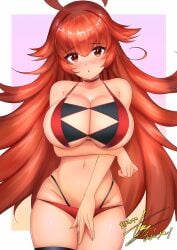 alternate_body_type alternate_breast_size bikini cocco_lupico covering_crotch cowboy_shot duel_masters duel_masters_play's embarrassed hands_under_breasts huge_breasts legwear nose_blush revealing revealing_clothes revealing_swimsuit signature sweatdrop swimsuit