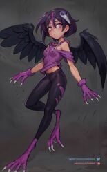 ai_generated animal_hands ava_(orc_massage) bare_shoulders bird_feet bird_wings black_hair black_wings blush breasts claws critical_bliss feathered_wings feathers female female full_body gloves grey_background hair_ornament harpy hoodie looking_at_viewer medium_breasts midriff monster_girl navel orc_massage pink_eyes purple_hair purple_hoodie short_hair solo talons unirion wings