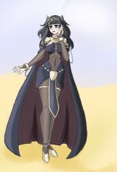 1girls alternate_costume bangs black_eyes black_hair blue_eyes bodystocking breasts cape cleric_knight covered_navel desert female female_only fire_emblem fire_emblem_awakening full_body hen_nerd long_hair medium_breasts nintendo open_mouth outdoors solo sorceress tharja_(fire_emblem)