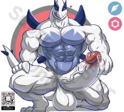 5_fingers abs anthro biceps big_penis bodily_fluids erection fingers generation_2_pokemon genital_fluids genitals heart hi_res horny huge_cock huge_pecs hyper_penis legendary_pokemon looking_at_viewer lugia male male_only masterelrest muscular muscular_anthro muscular_male nintendo penis pokemon pokemon_(species) precum qr_code solo tail tongue