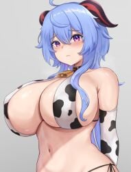 1girls alternate_breast_size blue_hair breasts cleavage cow_print cow_print_bikini female female_only ganyu_(genshin_impact) genshin_impact horns huge_breasts light-skinned_female light_skin long_hair pale-skinned_female pale_skin simple_background sleeptopi solo thick_thighs wide_hips