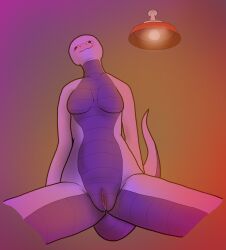 anthro blush bodily_fluids breasts facesitting featureless_breasts female first_person_view generic06 genital_fluids genitals hands_behind_back heat_lamp hi_res lamp nude pink_eyes pink_pussy purple_body pussy pussy_juice reptile scalie selena_(generic06) sitting_on_another snake solo tail