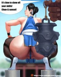 1boy1girl anal anal_training anus buttplug chun-li detailed_anus huge_anus huge_buttplug hyper_anus imminent_anal imminent_anal_insertion imminent_insertion pussy_floss space_(uchuu) squatting street_fighter thong thong_over_anus yuzhou