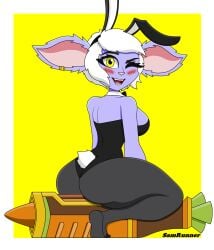 ass ass_focus big_ass big_breasts breasts bunny_ears bunny_girl bunnysuit clothing female league_of_legends looking_at_viewer looking_back purple_body riot_games samrunner solo solo_female tristana yellow_background yordle