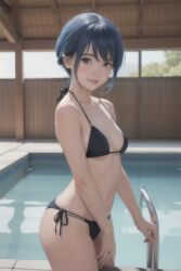 ai_generated bikini black_bikini blue_hair blush looking_at_viewer partially_nude petite pool public_pool purple_eyes realistic seductive shima_rin short_hair small_breasts smile standing water yurucamp yurucamp_movie