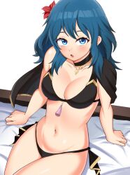 1girls 2023 alternate_costume bikini black_bikini black_swimsuit blue_eyes blue_hair blush bonoshii byleth_(female)_(summer)_(fire_emblem) byleth_(fire_emblem) byleth_(fire_emblem)_(female) cape cleavage female female_only fire_emblem fire_emblem:_three_houses fire_emblem_heroes flower hair_flower highres large_breasts light-skinned_female light_skin nintendo official_alternate_costume open_mouth sitting solo swimsuit tassel