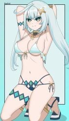 1girls accessory belly bikini blue_hair commission daikiri_di_mon faruzan_(genshin_impact) genshin_impact hands_behind_head heels looking_at_viewer on_knees