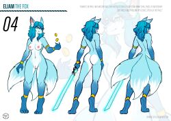 2023 5_fingers absurd_res anklet anthro armlet ass beauty_mark biped blue_body blue_fur blue_hair bracelet breasts butt_heart canid canine canis countershading devilscry digital_media_(artwork) digitigrade eliam_(devilscry) english_text fawkes_art female fingers fox fur genitals hair heterochromia hi_res jewelry left-handed mammal markings melee_weapon model_sheet mole_(marking) mole_on_breast multi_tail multicolored_body multicolored_fur navel nipples nude pussy simple_background smile solo standing sword tail text two_tone_body two_tone_fur weapon white_body white_fur widescreen